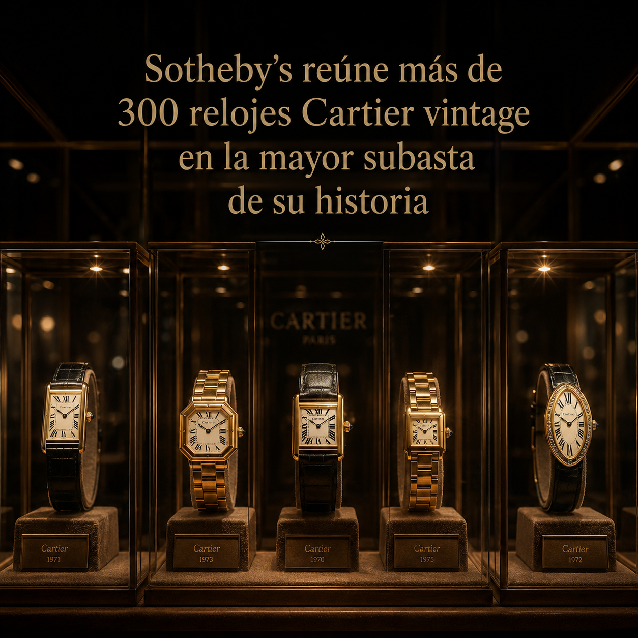 Vitrina con relojes Cartier vintage de distintas formas expuestos en la subasta de Sotheby's