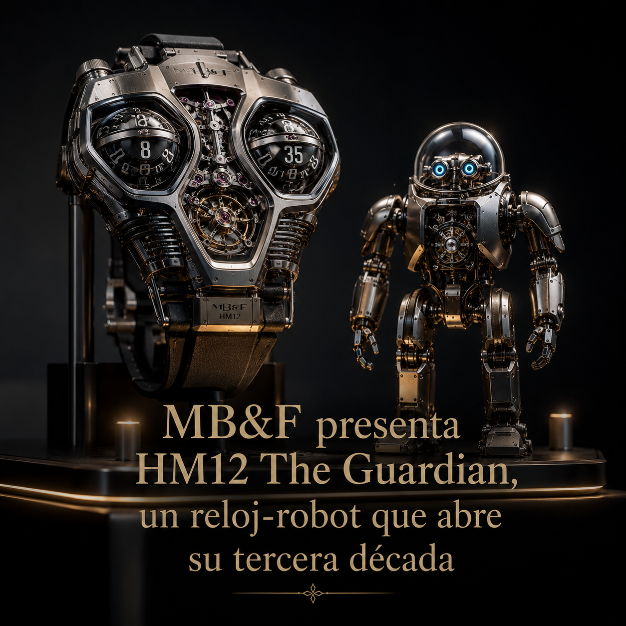 Reloj-robot HM12 The Guardian de MB&F junto a su compañero mecánico de 38 centímetros