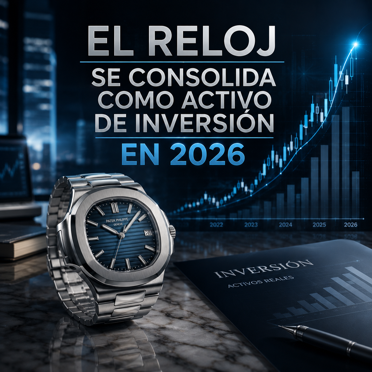 Reloj de lujo de acero junto a gráficos financieros que ilustran su valor como activo de inversión en 2026