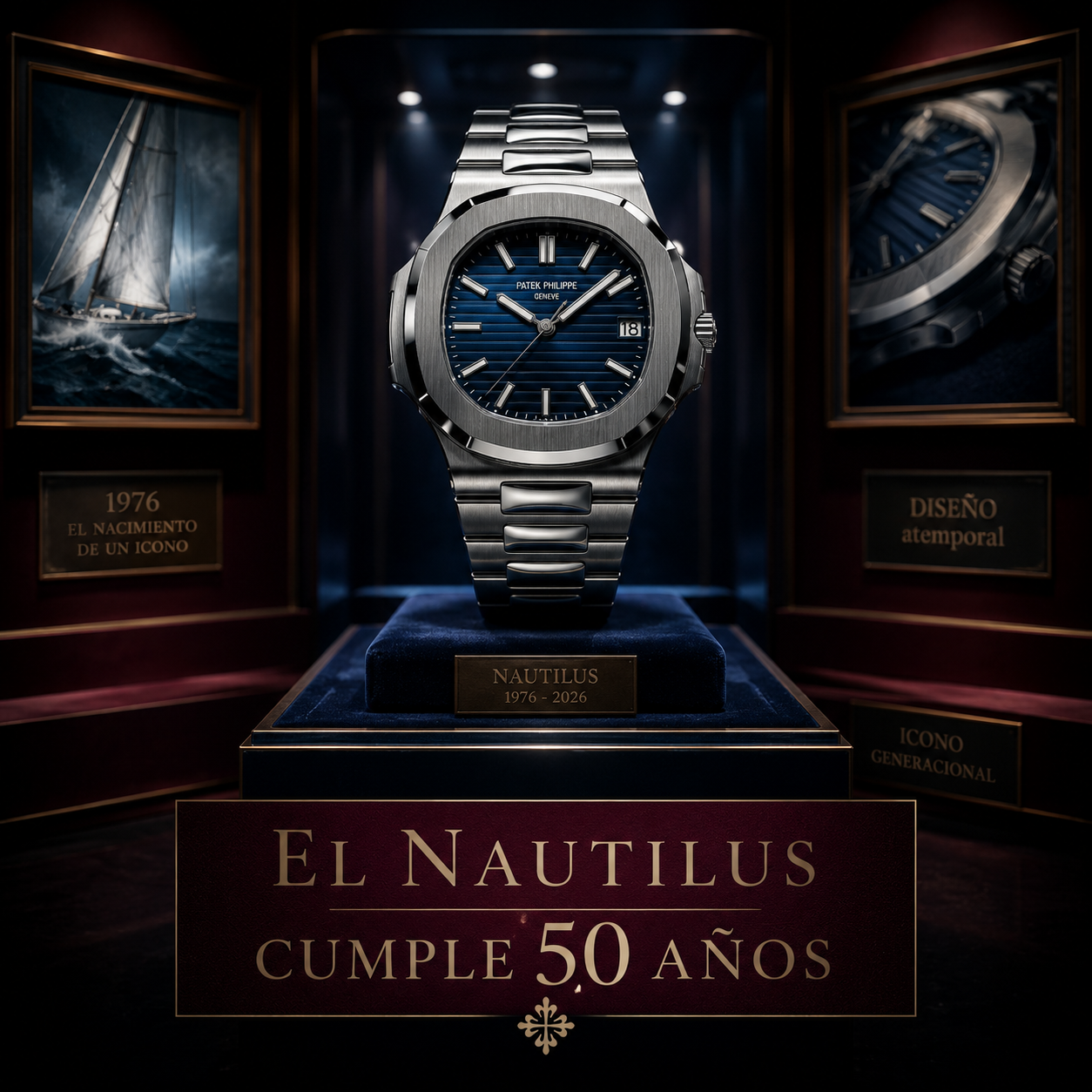Reloj deportivo de lujo con bisel octogonal y esfera azul sobre un pedestal de museo iluminado