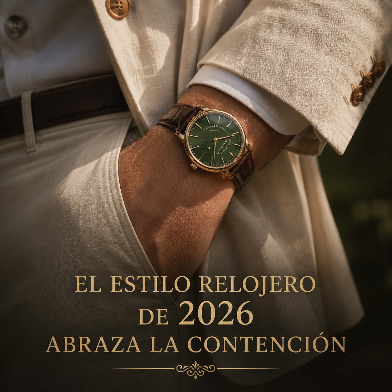 Muñeca con reloj de vestir de esfera verde y correa de piel sobre un traje de lino claro