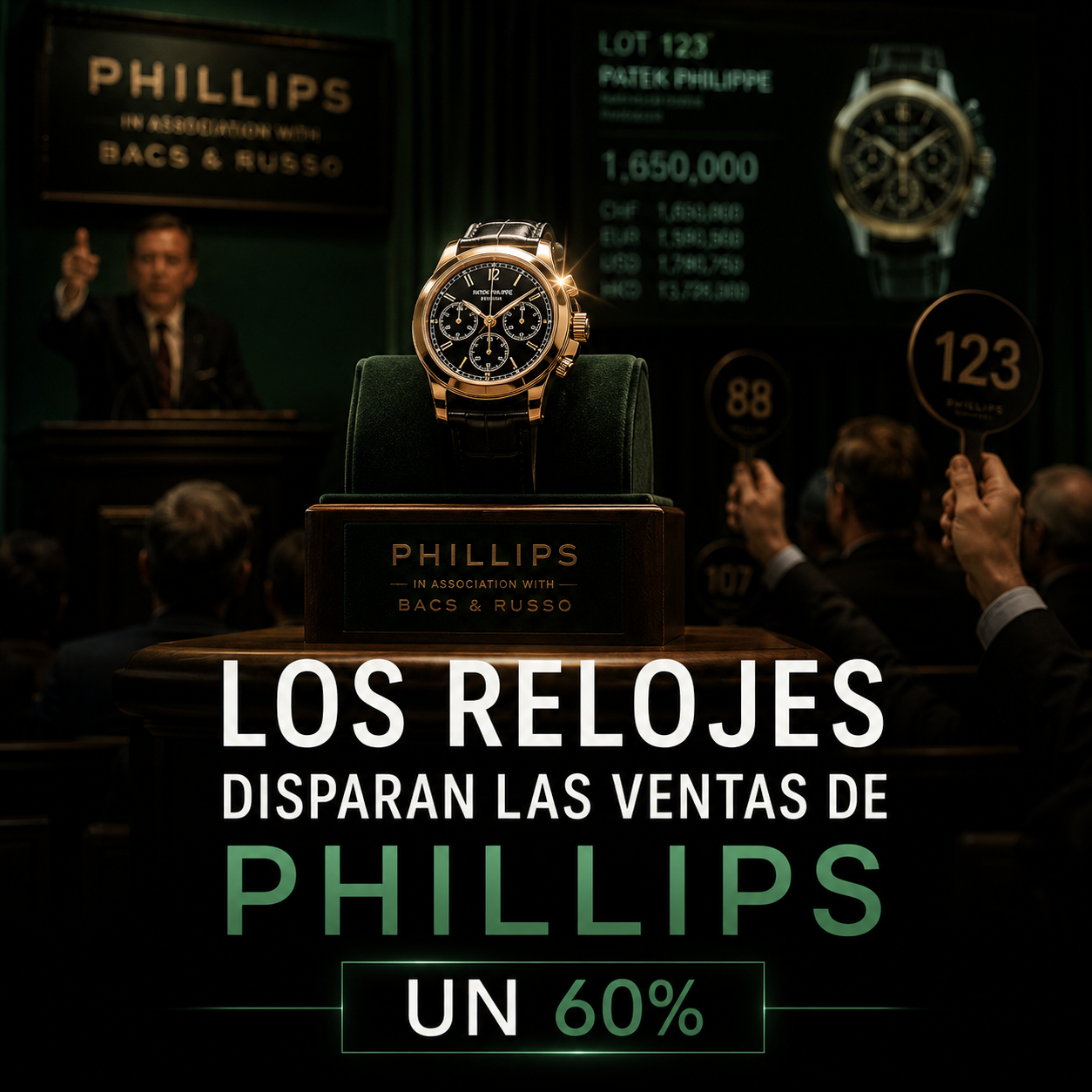 Reloj de lujo iluminado sobre un atril en una sala de subastas con paletas de puja al fondo