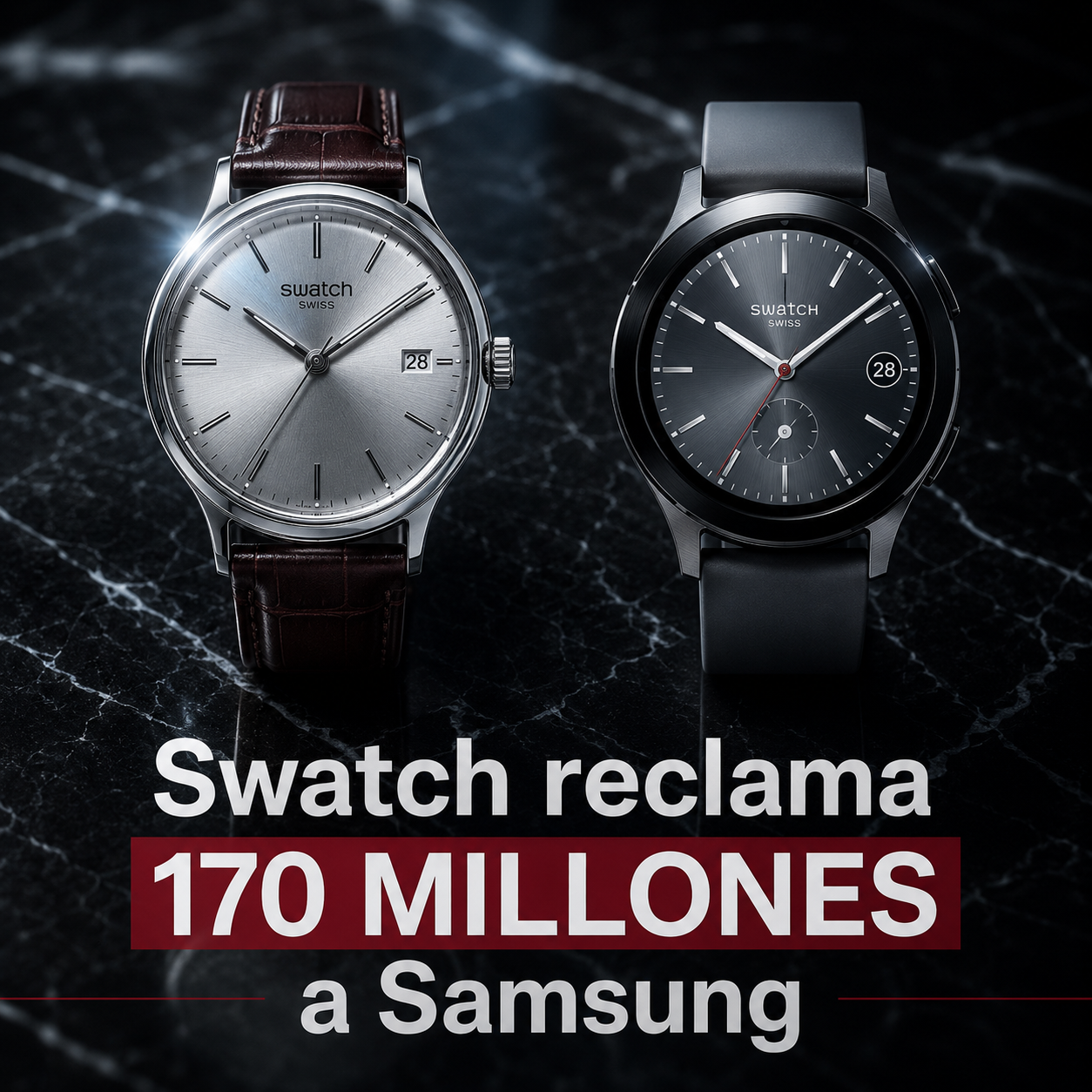 Reloj de lujo clásico junto a un smartwatch con una esfera digital muy similar sobre mármol oscuro