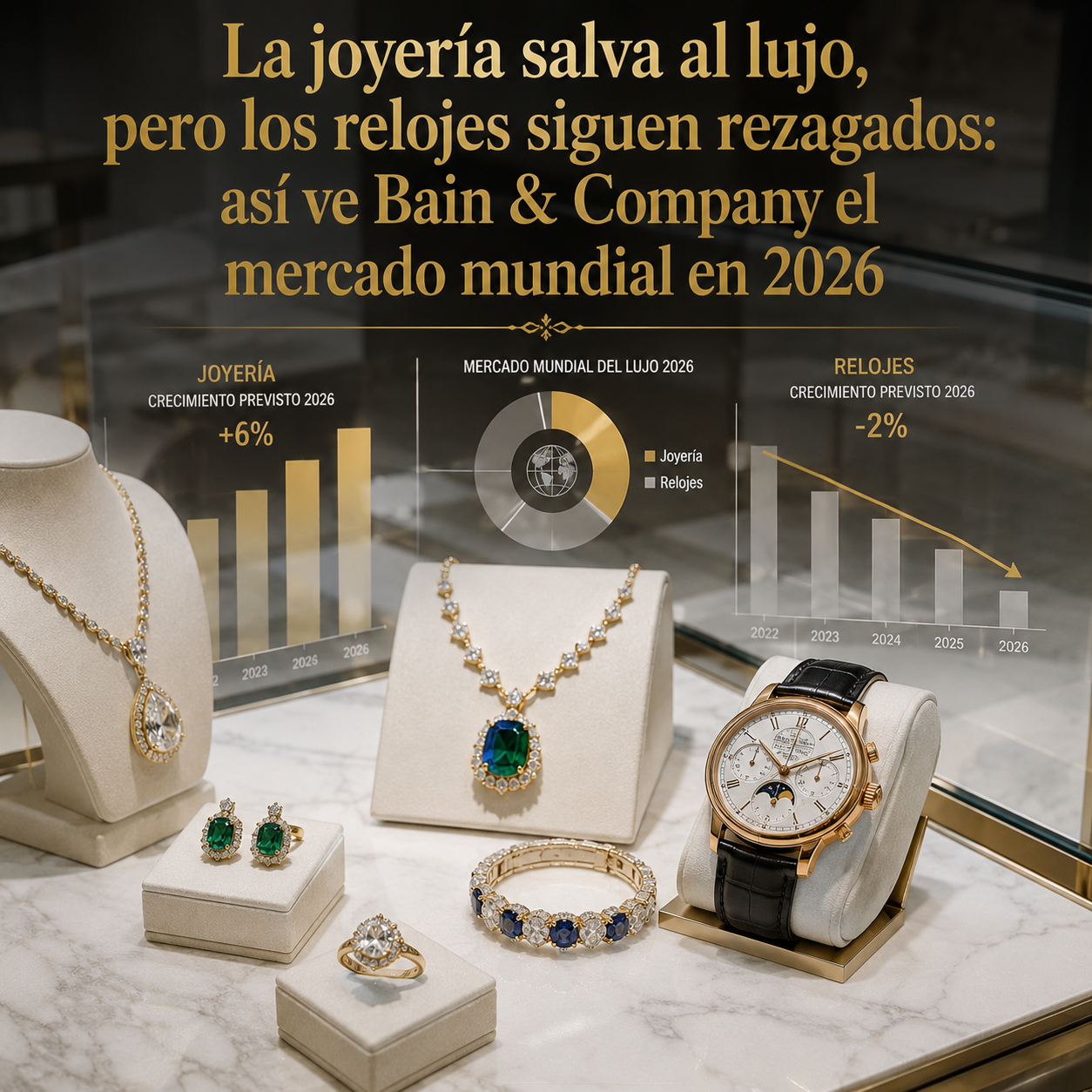 Vitrina de joyería de lujo junto a un reloj de pulsera, representando el informe de Bain & Company sobre el mercado del lujo en 2026