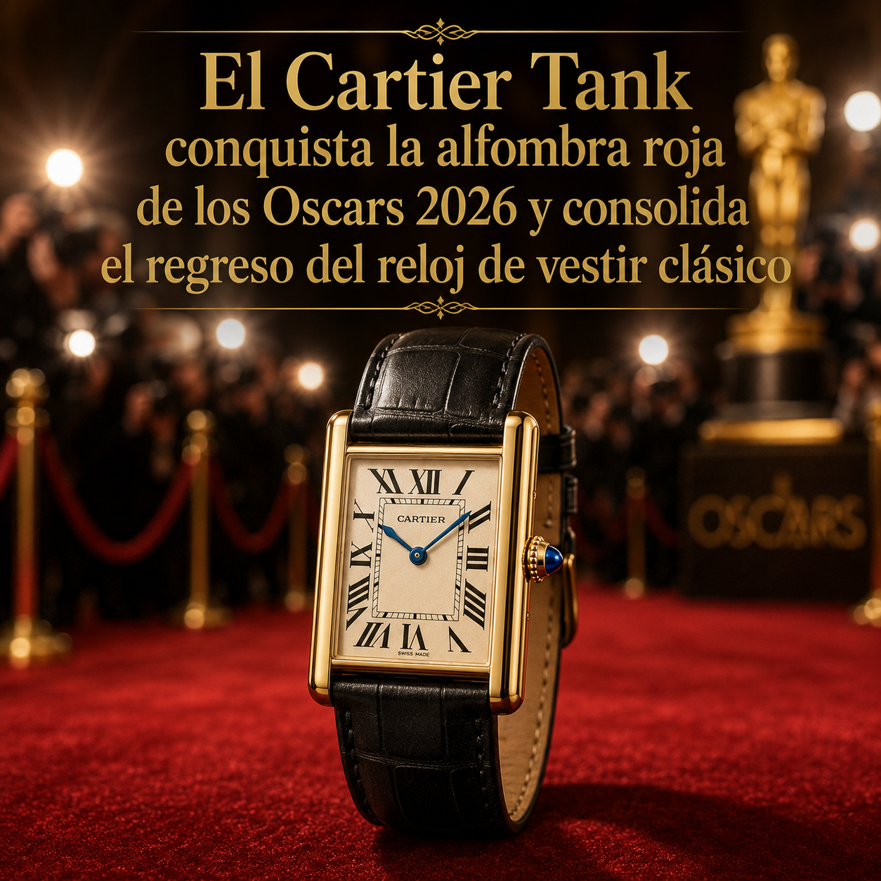 Reloj Cartier Tank de oro amarillo sobre una alfombra roja de gala, representando su protagonismo en los Oscars 2026