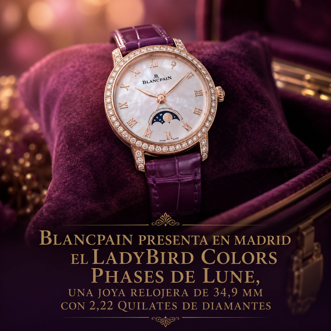 Blancpain Ladybird Colors Phases de Lune, reloj de mujer en oro rojo con diamantes y fase lunar, presentado en Madrid