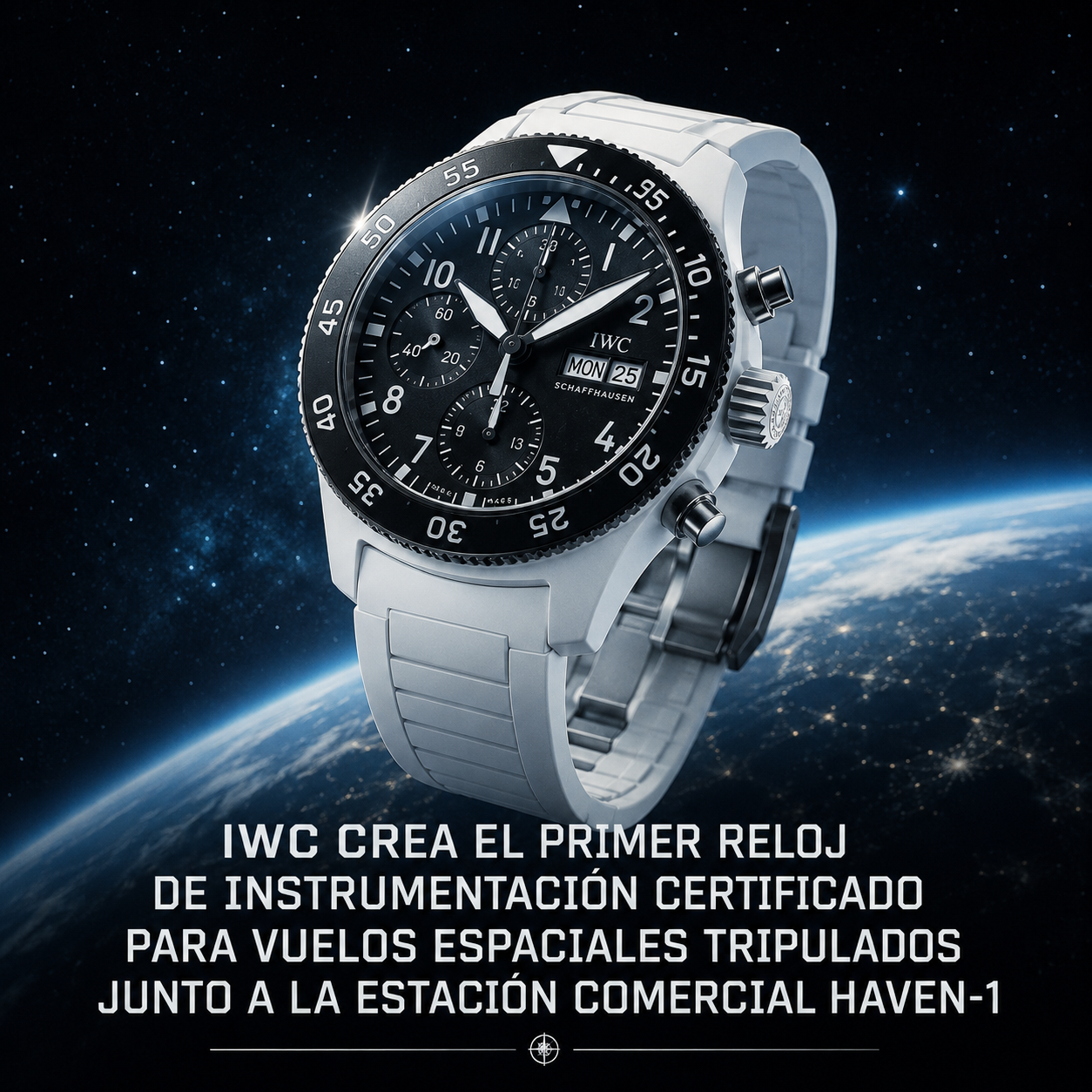 IWC Pilot's Venturer Vertical Drive, reloj blanco de cerámica flotando en un entorno espacial, certificado para vuelos tripulados