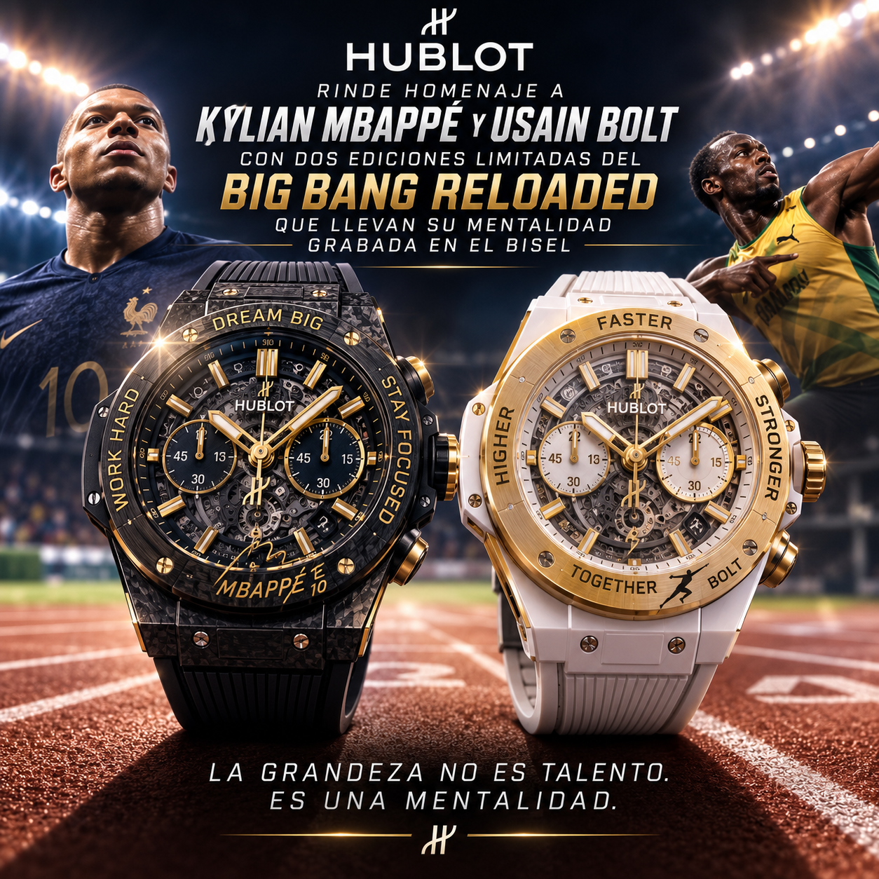 Dos relojes Hublot Big Bang Reloaded, ediciones de Usain Bolt y Kylian Mbappé, sobre una pista de atletismo