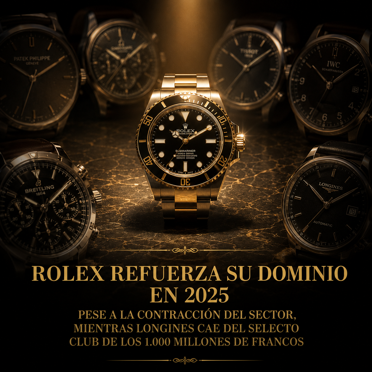 Reloj Rolex bajo un foco de luz destacado entre otros relojes suizos en penumbra, representando su dominio del mercado en 2025