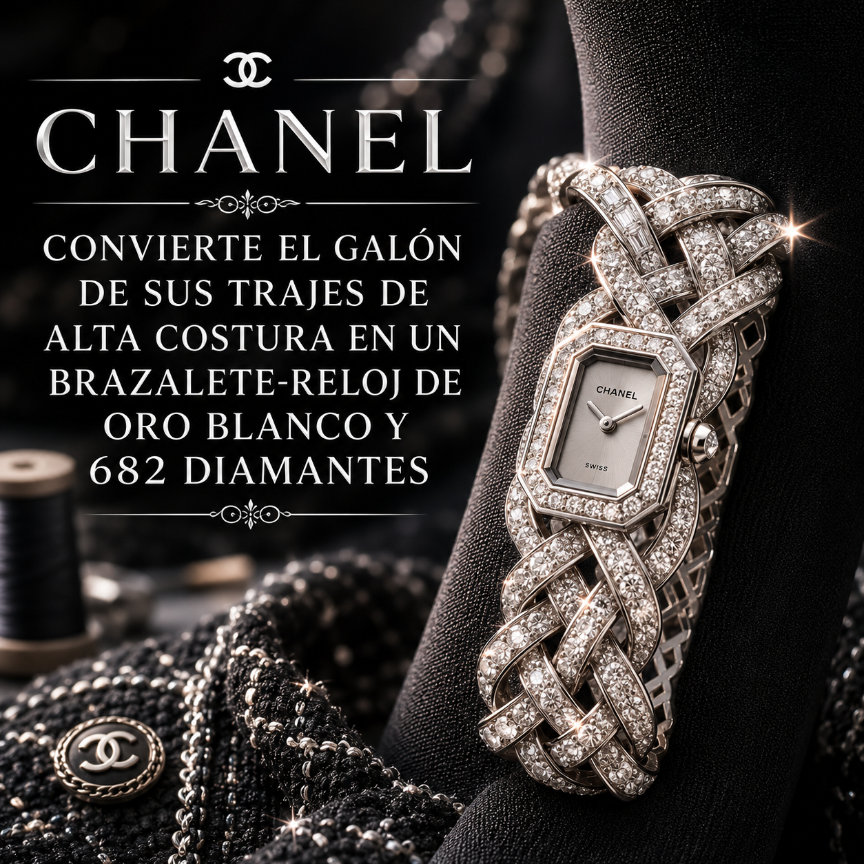 Chanel Première Galon Diamonds en oro blanco con motivo trenzado engastado en 682 diamantes, sobre fondo de alta costura