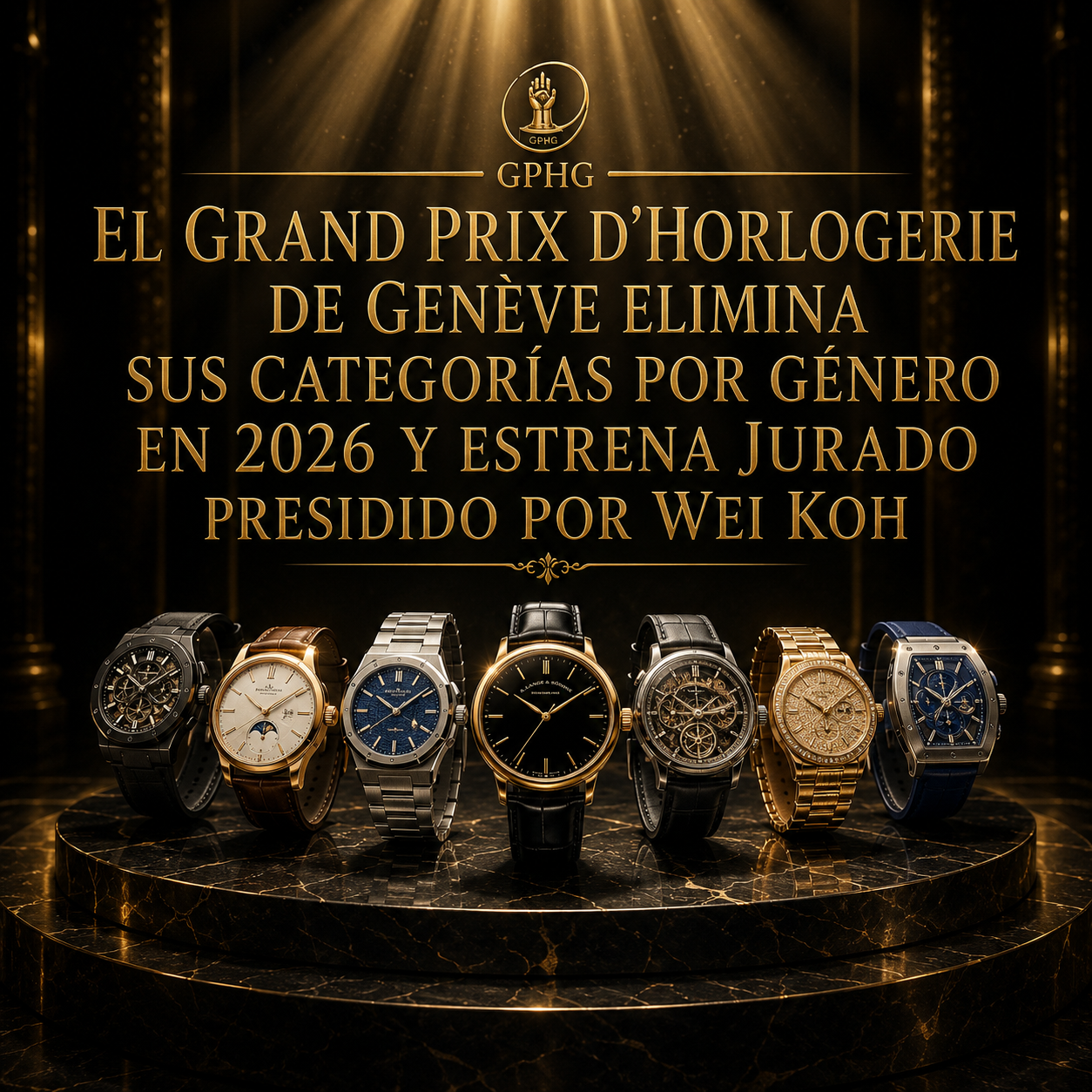 Varios relojes de alta gama sobre un podio de premios, representando la 26.ª edición del Grand Prix d'Horlogerie de Genève