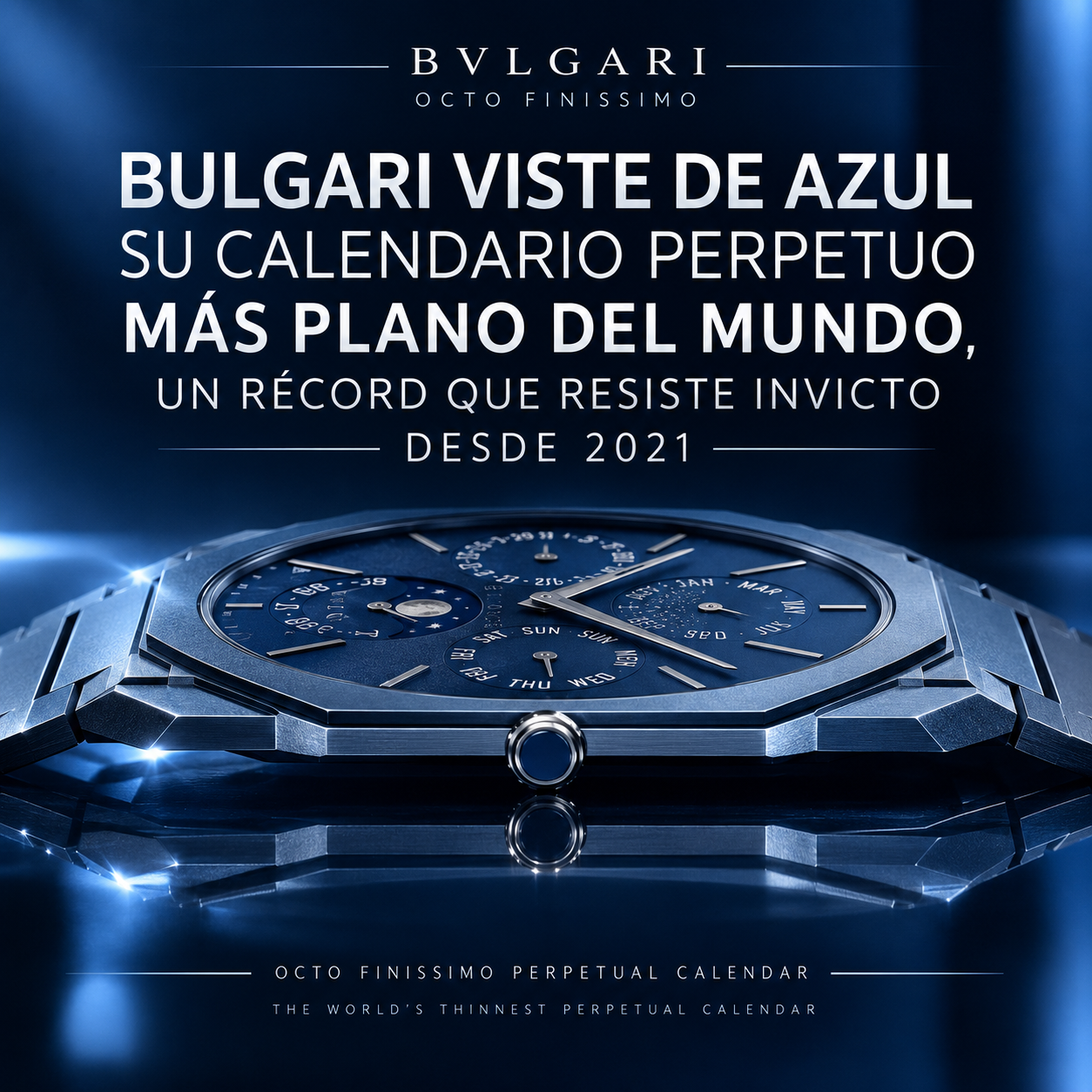 Bulgari Octo Finissimo Perpetual Calendar en titanio azul, mostrado de perfil para resaltar sus 5,80 mm de grosor