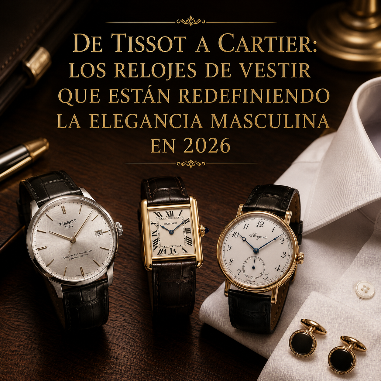 Tres relojes de vestir de distintas gamas sobre una mesa de madera junto a una camisa blanca, representando la tendencia de 2026
