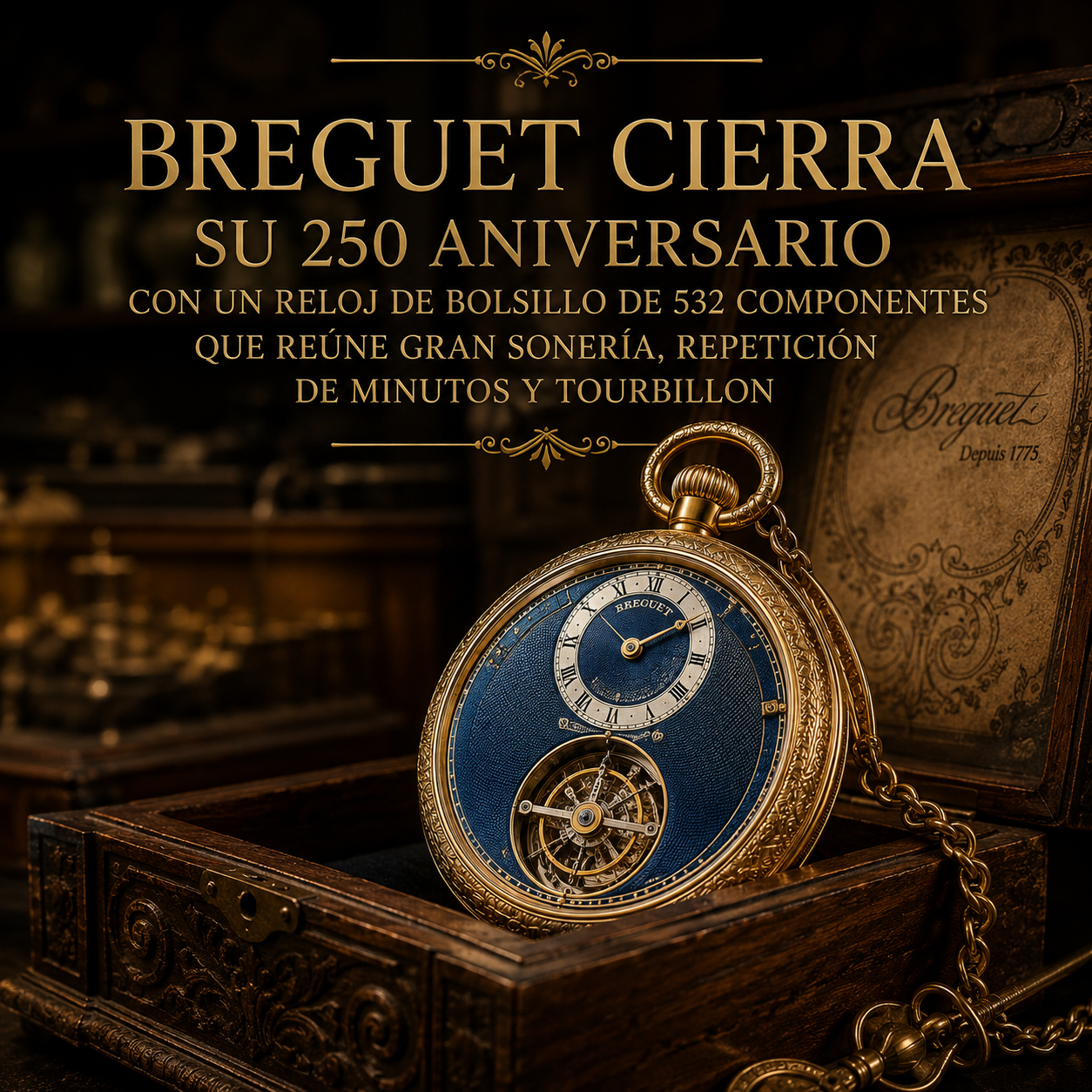 Reloj de bolsillo Breguet Classique Grande Sonnerie Métiers d'Art 1905 de oro, sobre su estuche de madera tallada