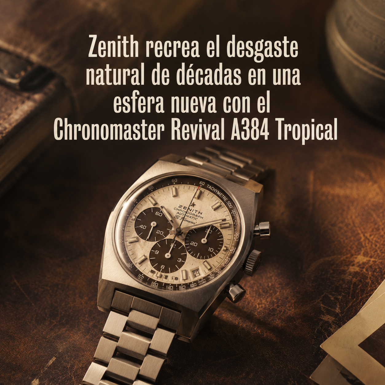 Zenith Chronomaster Revival A384 Tropical con esfera panda de tono chocolate envejecido, sobre cuero marrón vintage