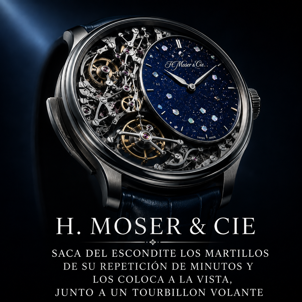 H. Moser & Cie Endeavour Minute Repeater Cylindrical Tourbillon Skeleton Cosmic Rain con el mecanismo de repetición visible en la esfera
