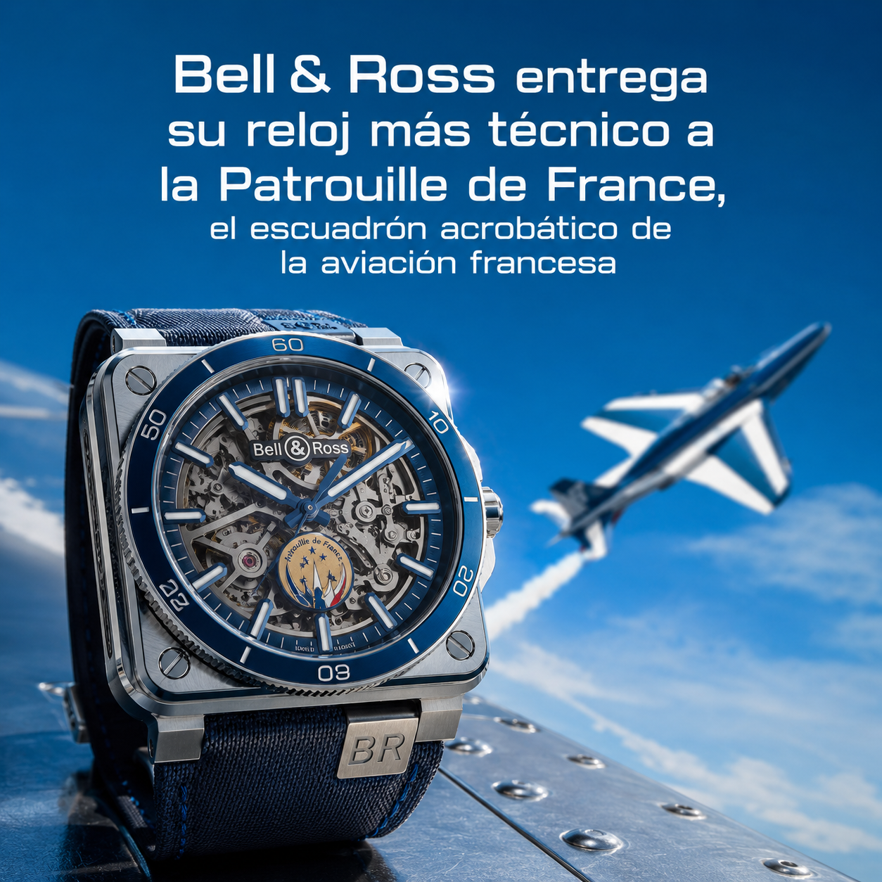 Bell & Ross BR-X3 Patrouille de France, reloj cuadrado azul y acero, junto a la silueta de un avión acrobático francés