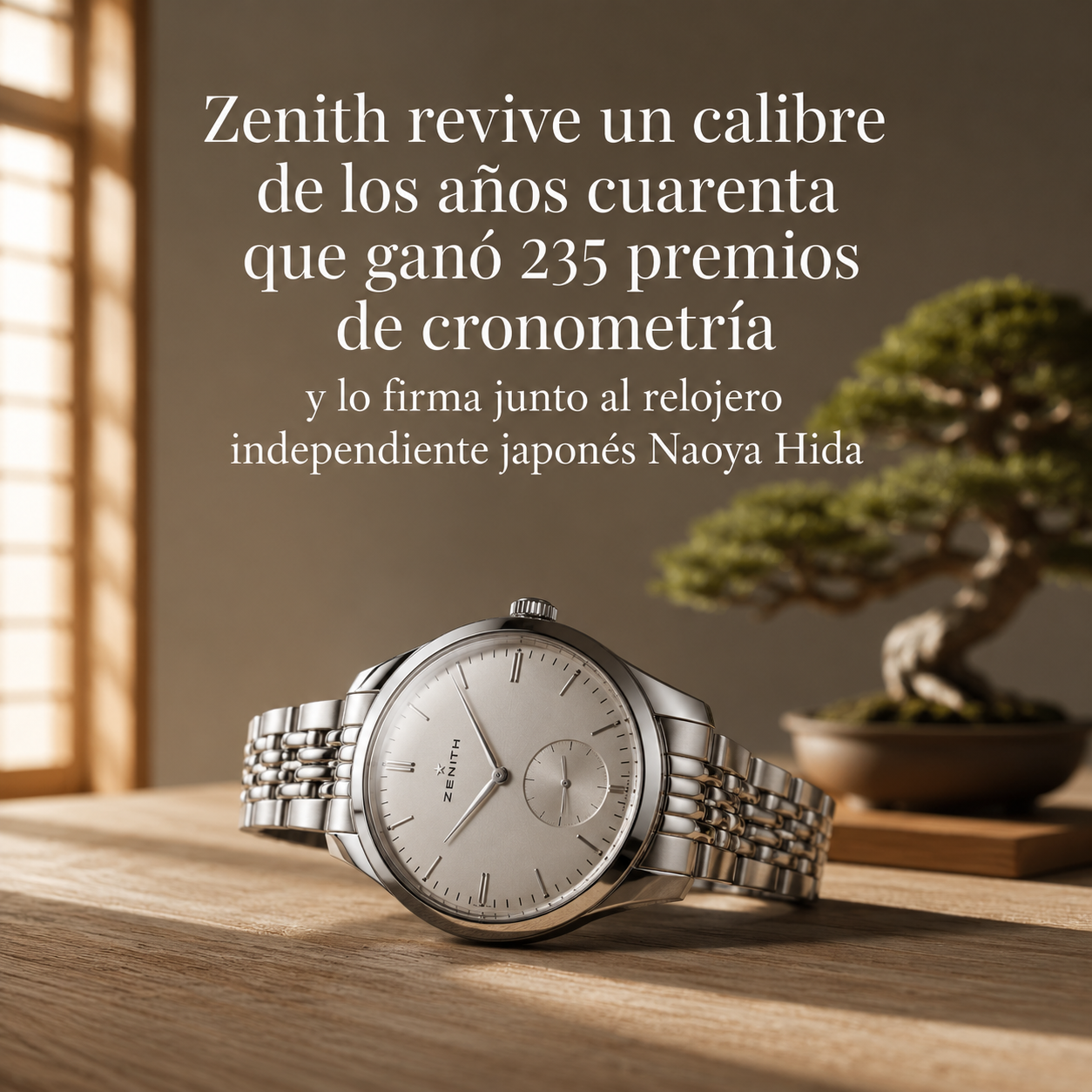 Reloj Zenith G.F.J. Calibre 135 de esfera plateada minimalista, sobre una mesa de estilo japonés junto a un bonsái