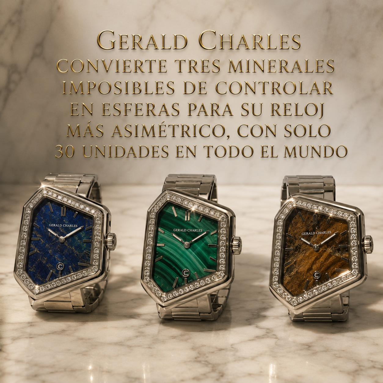 Tres relojes Gerald Charles Masterlink Gem Set Stone Dial con esferas de aventurina, espectrolita y ojo de hierro, sobre mármol claro