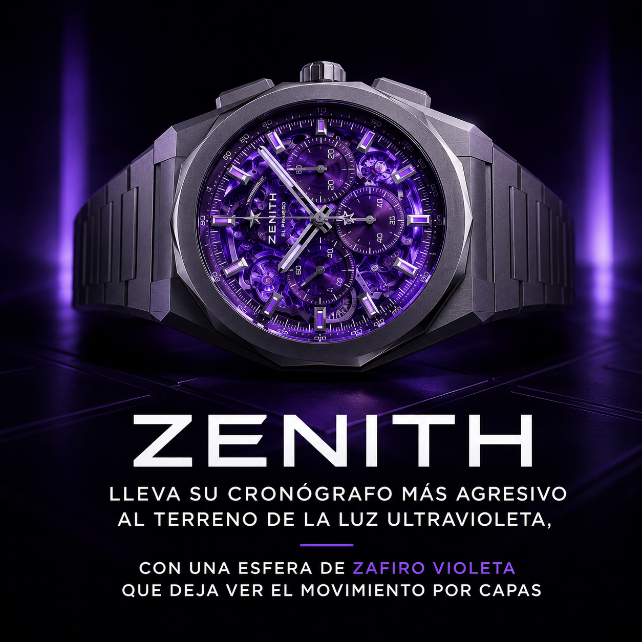 Zenith Defy Extreme Ultraviolet con esfera de zafiro violeta translúcido, mostrando el movimiento cronógrafo El Primero 9004