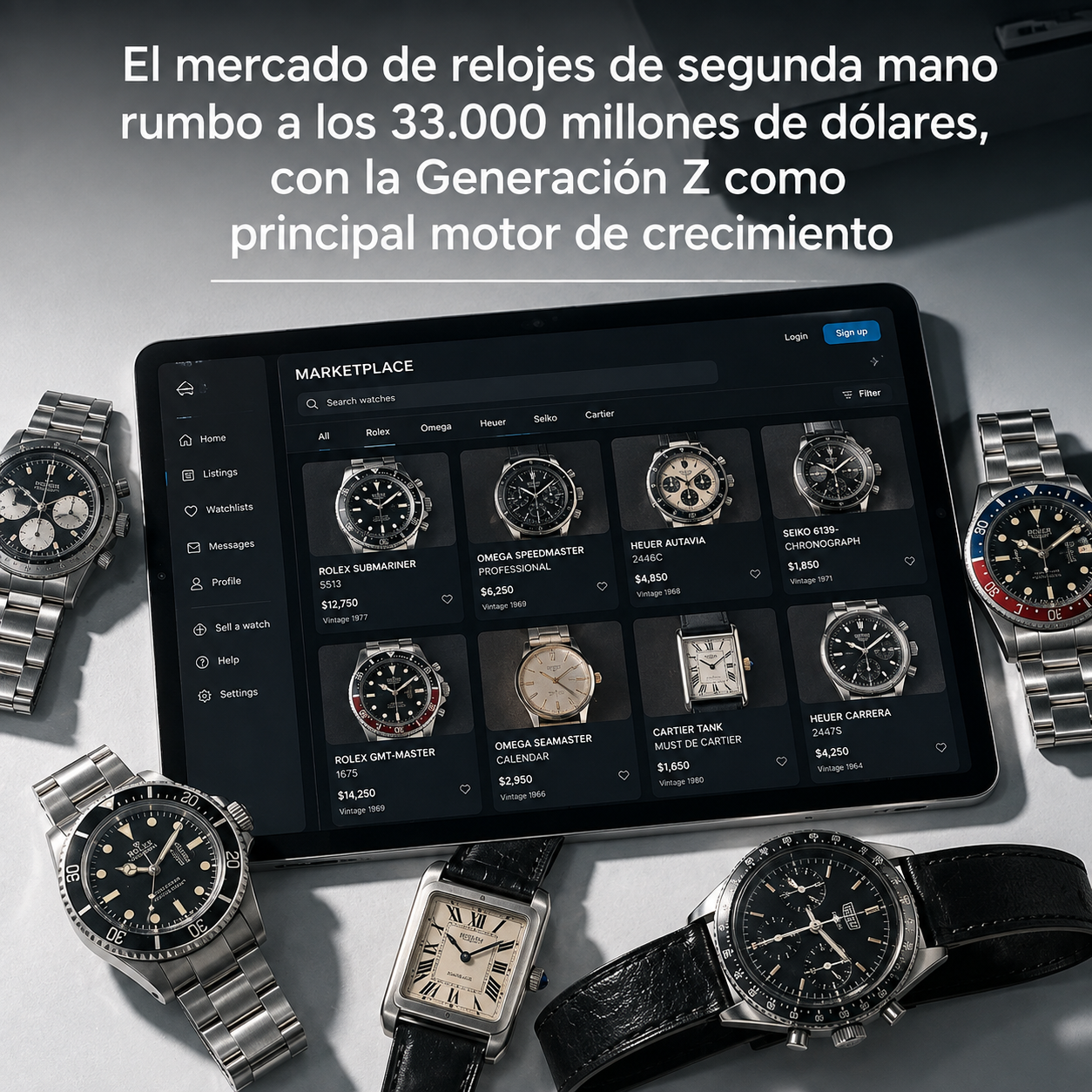 Relojes vintage deportivos junto a una pantalla digital de compraventa, representando el crecimiento del mercado de segunda mano