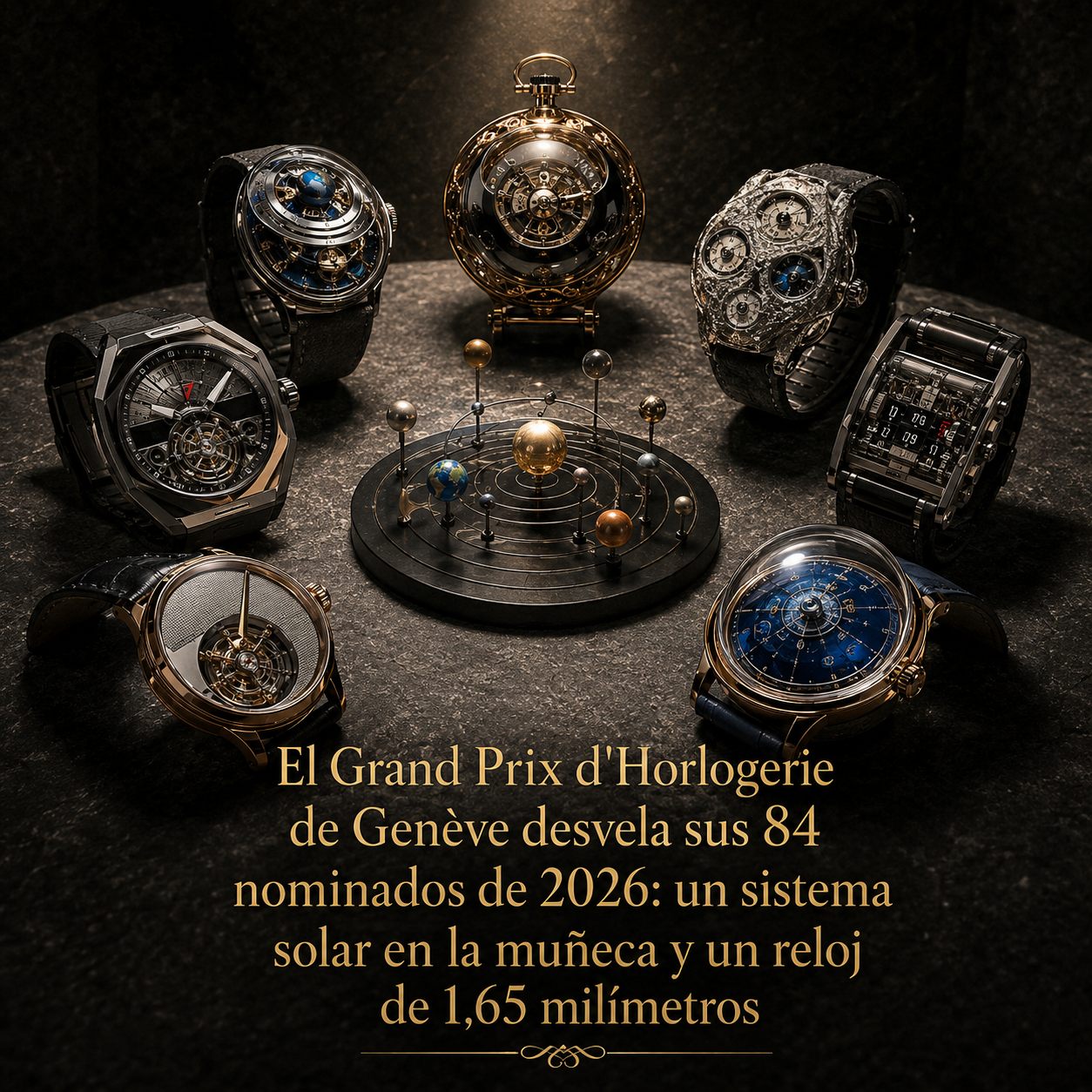 Varios relojes de alta relojería experimental junto a un pequeño sistema solar en miniatura, representando los nominados al GPHG 2026