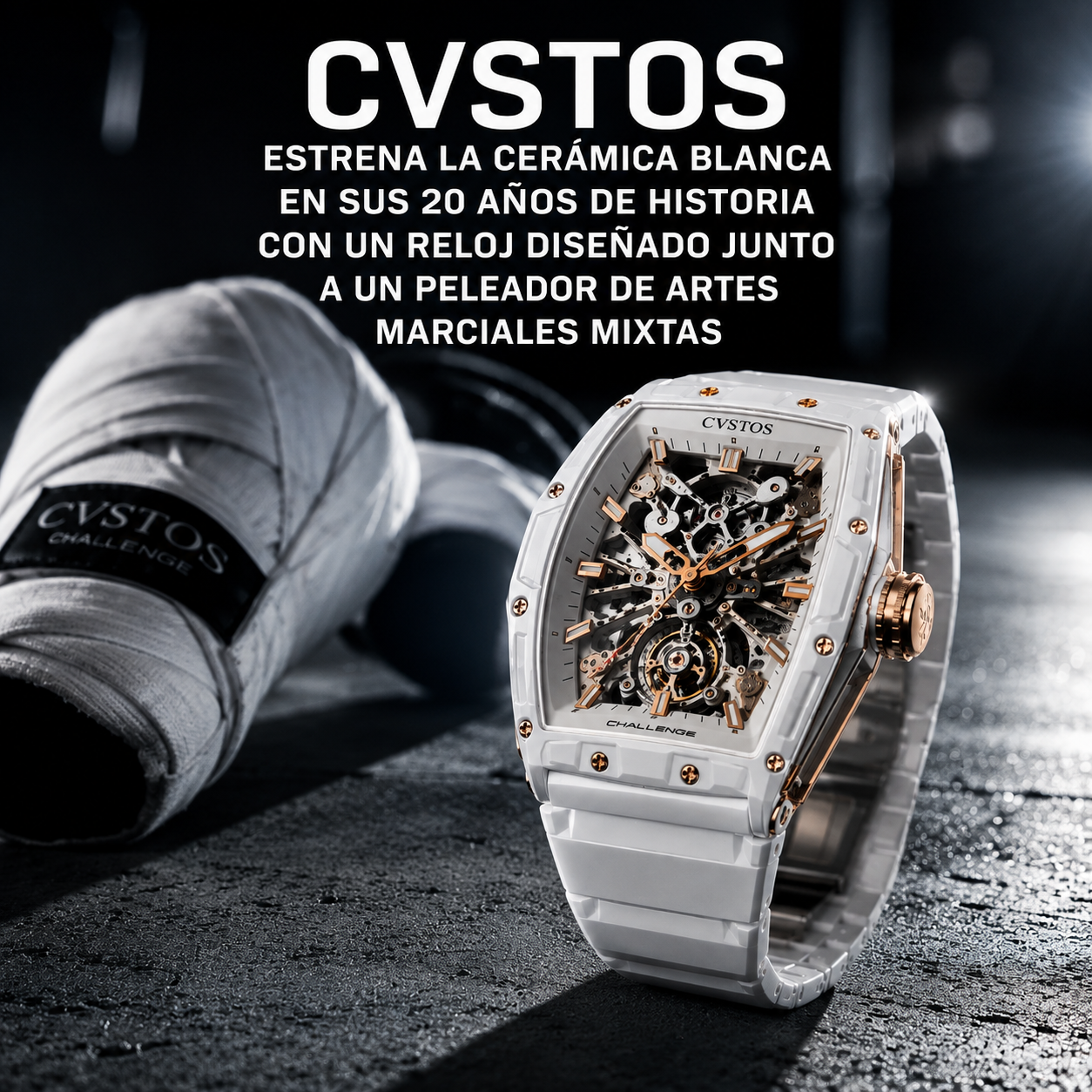 CVSTOS Arman Edition, reloj de cerámica blanca y oro rosa sobre hormigón, diseñado junto al luchador de MMA Arman Tsarukyan