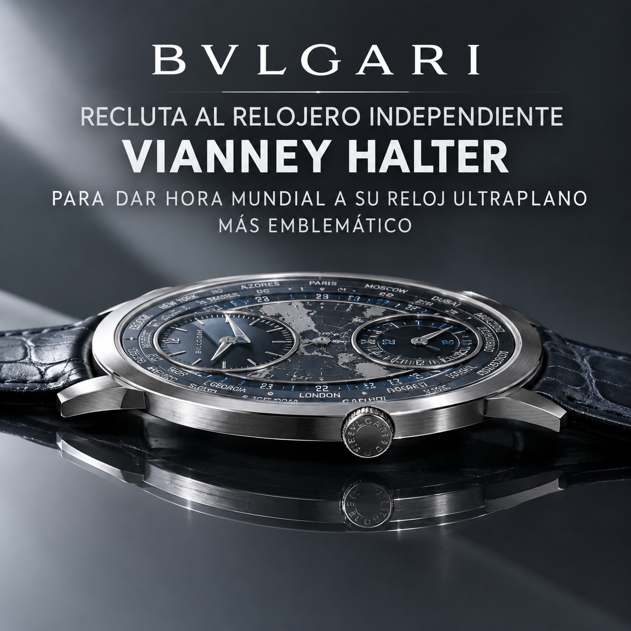 Bulgari Octo Finissimo GMT de titanio visto de perfil, mostrando su extrema delgadez de 9,70 mm, en colaboración con Vianney Halter