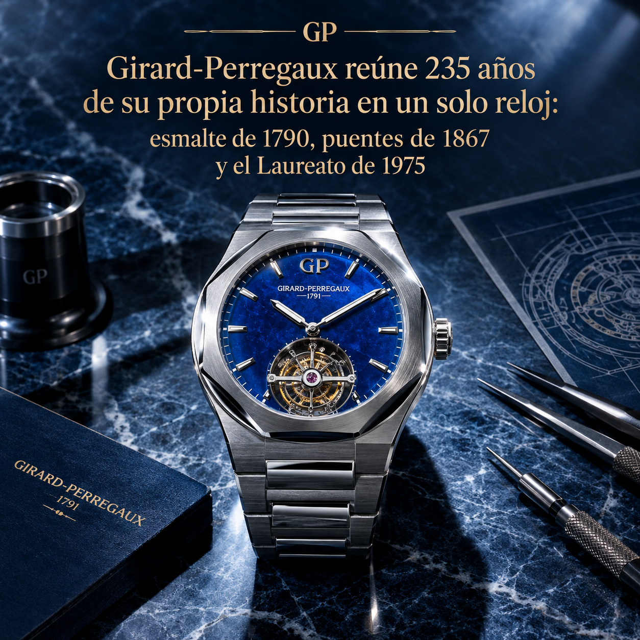 Girard-Perregaux Laureato Fifty Tourbillon Micro-Rotor con esfera de esmalte azul y tourbillon visible, reuniendo 235 años de historia de la manufactura